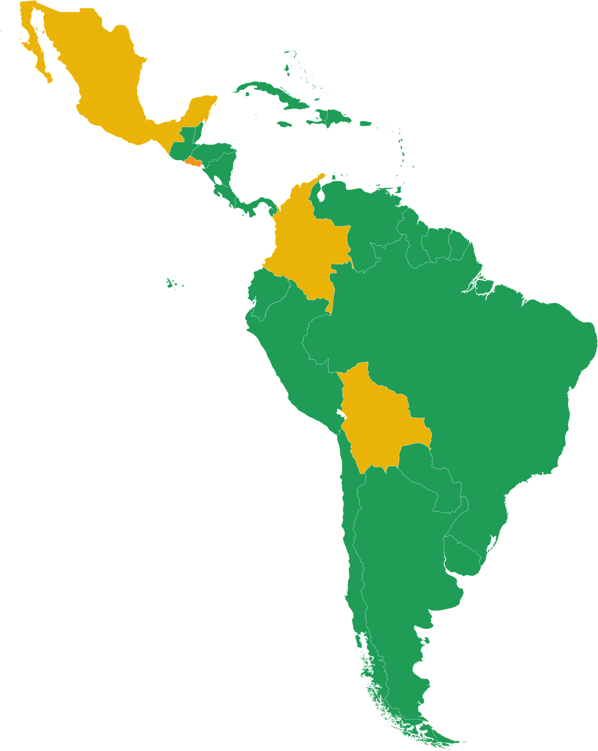 Mapa de América Latina coloreado según el estatus de Bitcoin: legal y de uso abierto en casi toda la región, con límites en México, Colombia y Bolivia, y con historia de moneda de curso legal en El Salvador.
